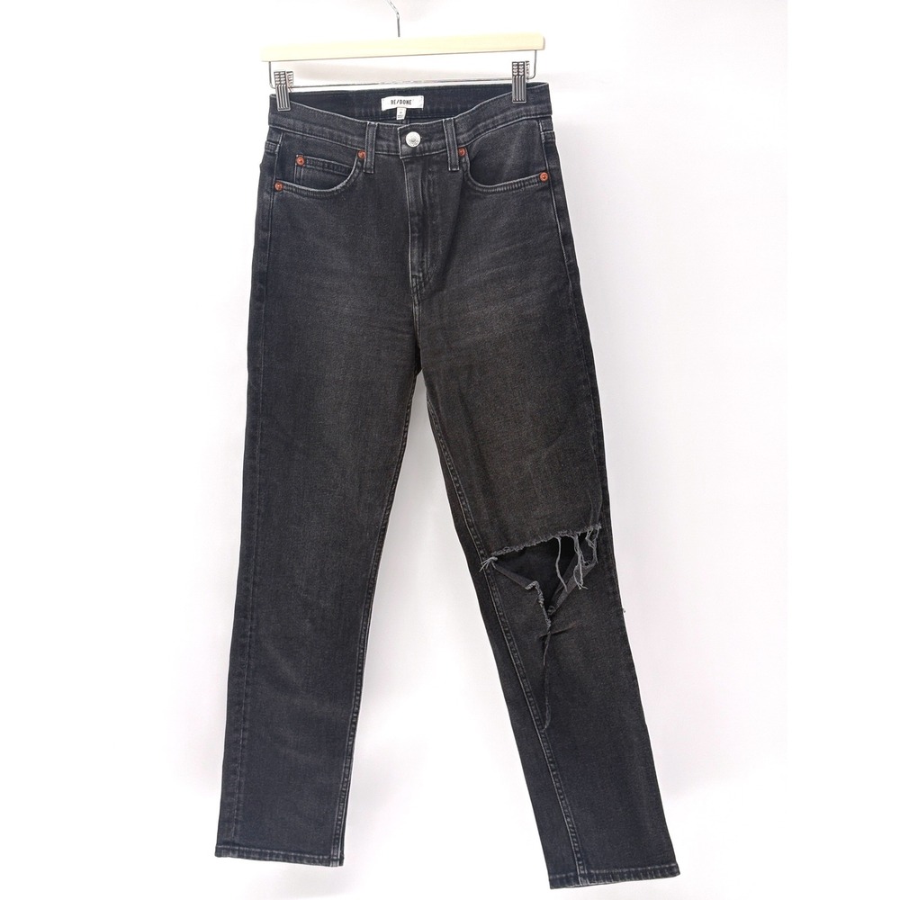 Re/Done Jeans Women Size 27 70s Straight High Rise Distressed Grunge Faded Black
